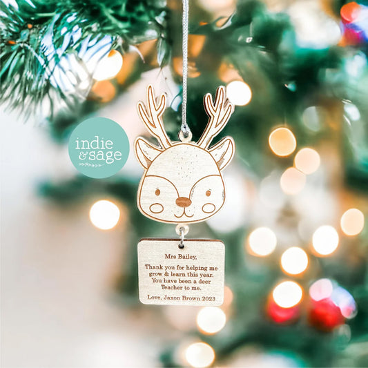 Christmas Tree Decoration - Personalised Teacher Gift Reindeer