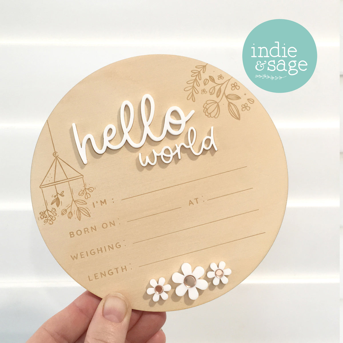 Hello World Birth Announcent Plaque - nature mobile and daisy design.