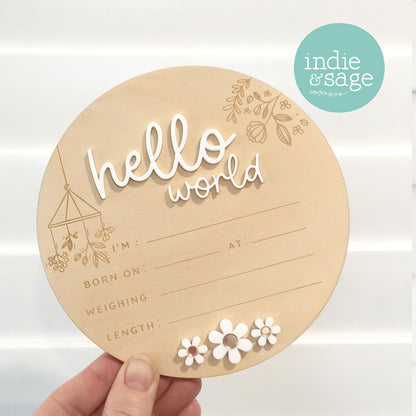 Hello World Birth Announcent Plaque - nature mobile and daisy design.