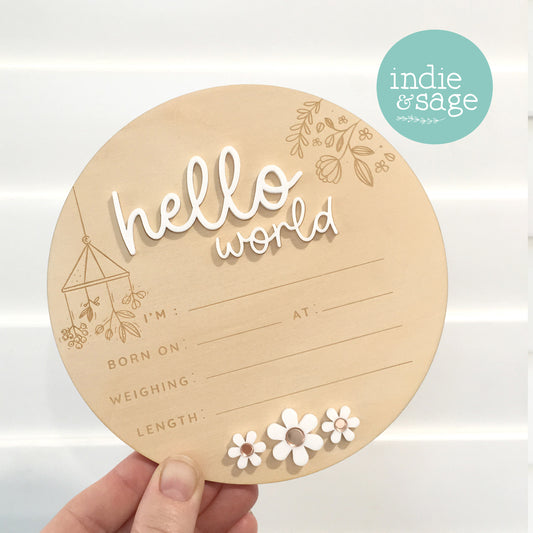 Hello World Birth Announcent Plaque - nature mobile and daisy design.