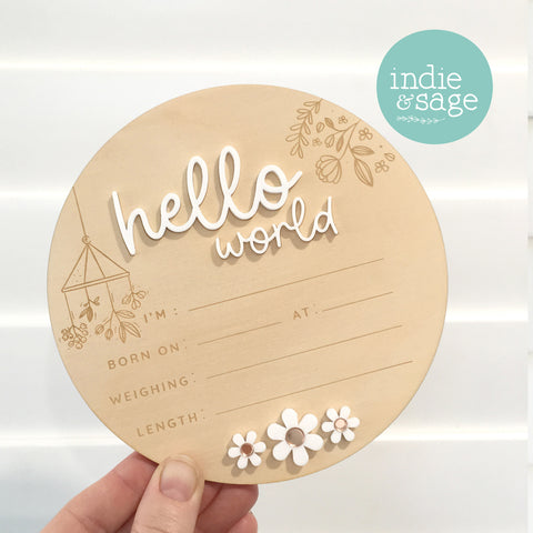 Hello World Birth Announcent Plaque - nature mobile and daisy design.