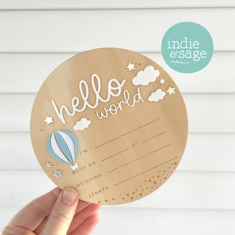 Hello World Birth Announcent Plaque - Up in the clouds design (blue hot hair balloon)