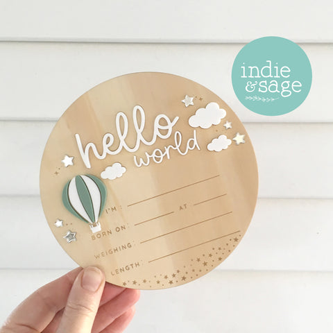 Hello World Birth Announcent Plaque - Up in the clouds design (green hot hair balloon)