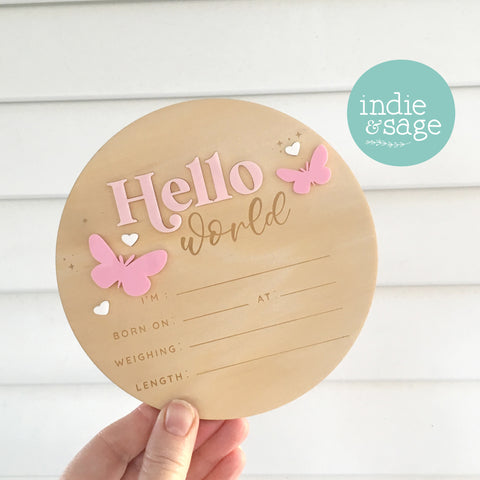 Hello World Birth Announcent Plaque - Two Tone Pink butterfly design