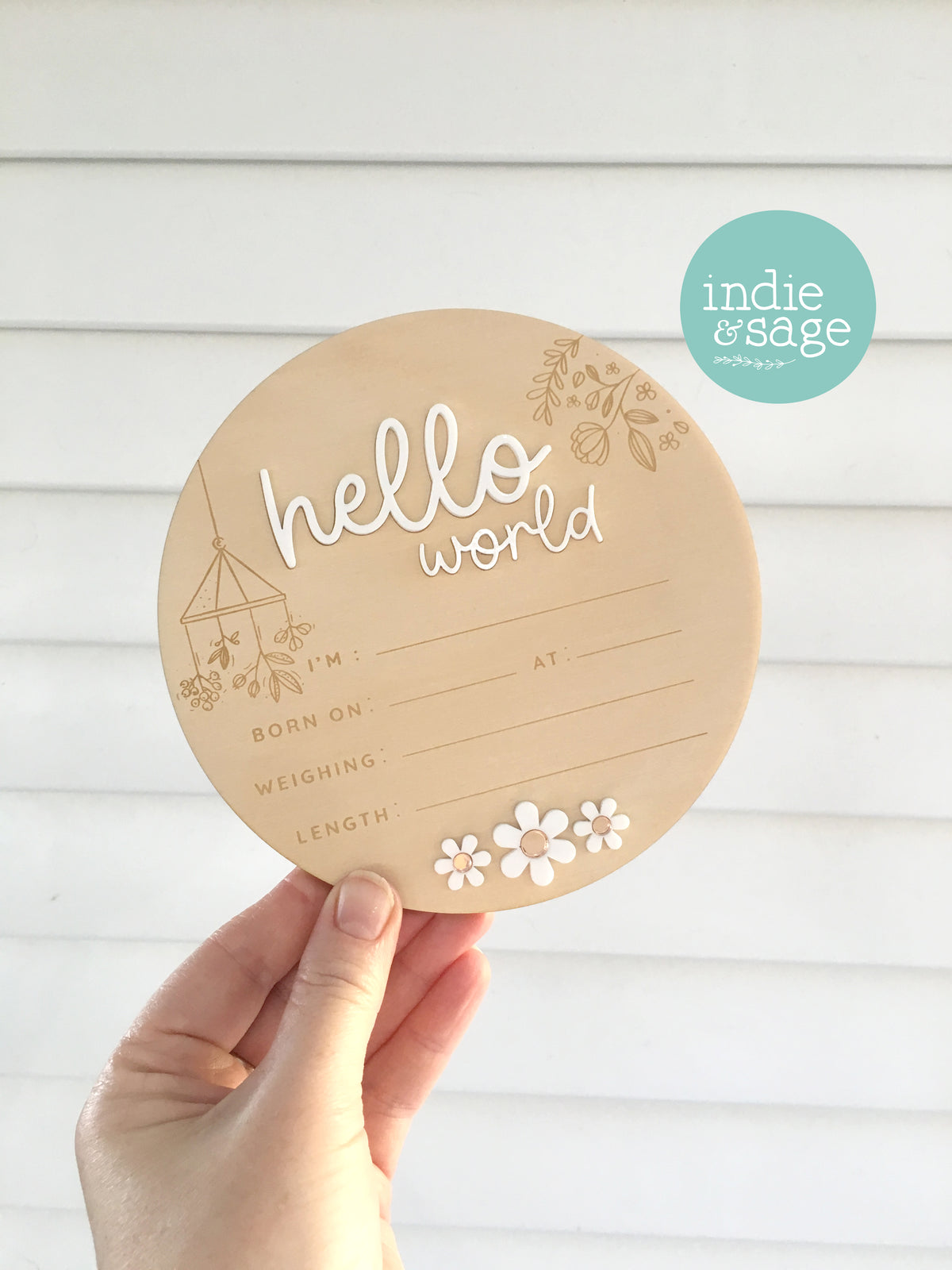 Hello World Birth Announcent Plaque - nature mobile and daisy design.