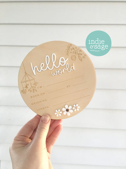 Hello World Birth Announcent Plaque - nature mobile and daisy design.