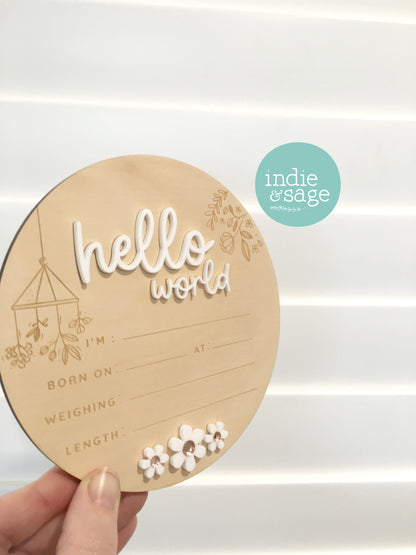 Hello World Birth Announcent Plaque - nature mobile and daisy design.