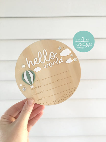 Hello World Birth Announcement Plaque – Sage Green Baby Sign – Neutral Newborn Photo Prop – Hot Air Balloon
