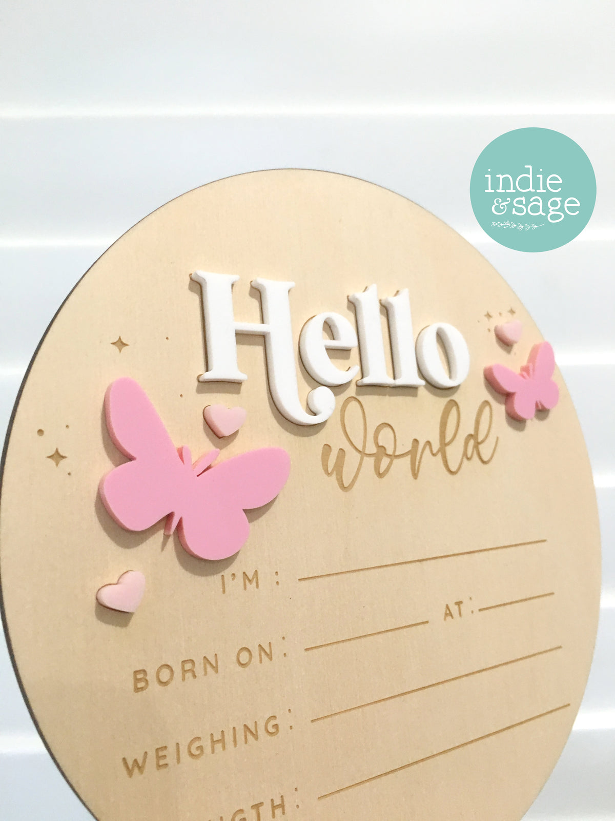 Hello World Birth Announcent Plaque - Sweet Pink/White butterfly design