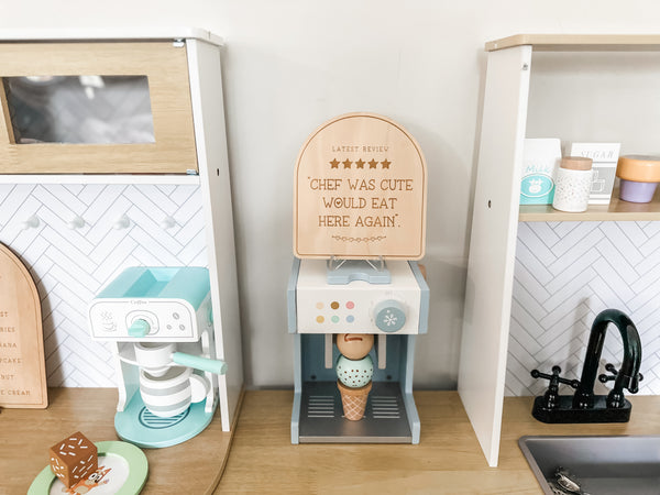 Personalised Play Kitchen Sign - Recent Review Sign, "Chef was cute, would eat here again" (change the wording)