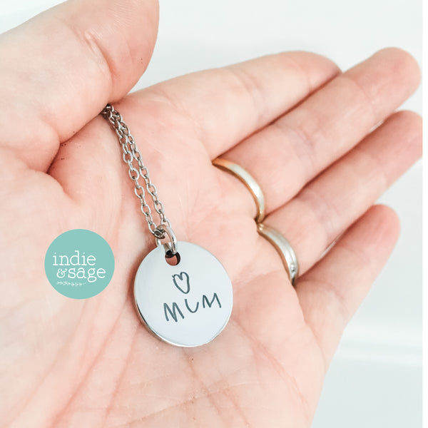 Custom engraved necklace with child’s handwriting keepsake jewellery for mum