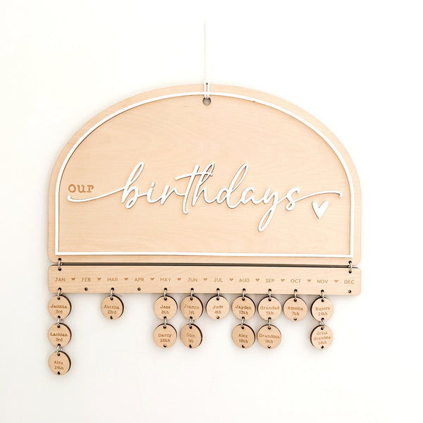 Beautiful timber family birthday calender personalised with the birthdays of your family.