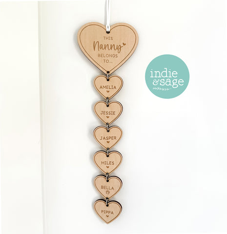 Personalised "This Nanny Belongs to" personalised wall hanging. Change the name so it can be dedicated to whomever you piece, features the names of your children or grandchildren