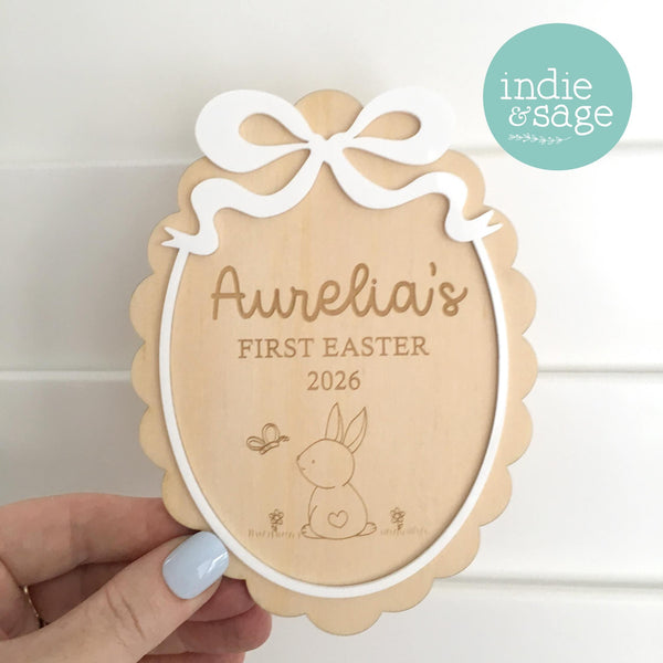 Personalised Timber First Easter Plaque Sign for First Easter Photos. Handmade in the Adelaide Hills using locally sourced plywood and acrylic. This piece will be a beautiful photo prop for those first Easter photos.

#easter #eastergifts #firsteastercard #firsteastermilestoneplaque #firsteastersign #firsteaster #personalisedeastersign #personalisedgifts #babynamesign #firsteaster