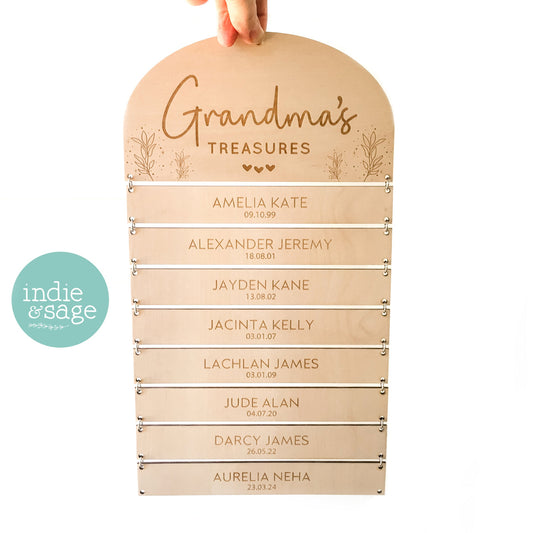 Personalised Grandma’s Treasures family sign with grandchildren names and birth dates, wooden keepsake gift