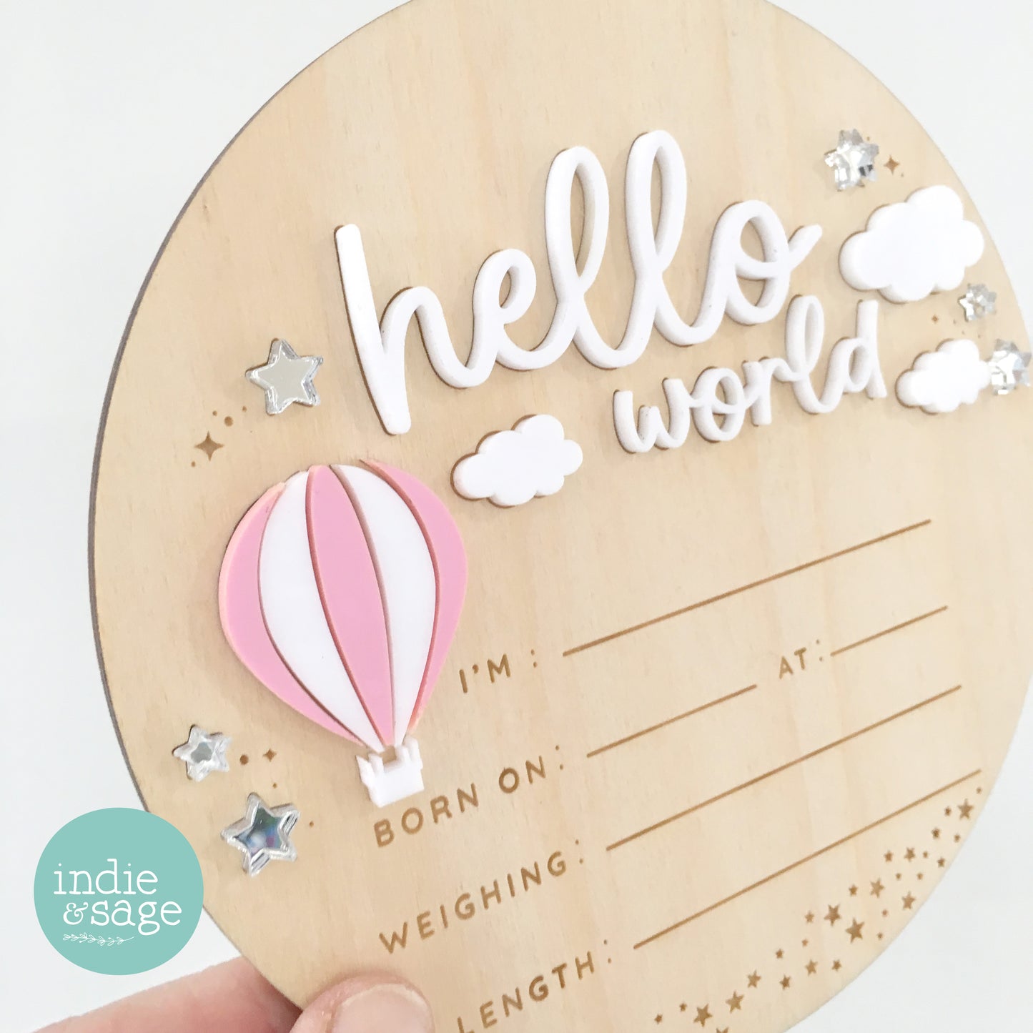 Baby girl announcement sign with pink hot air balloon and mirror stars