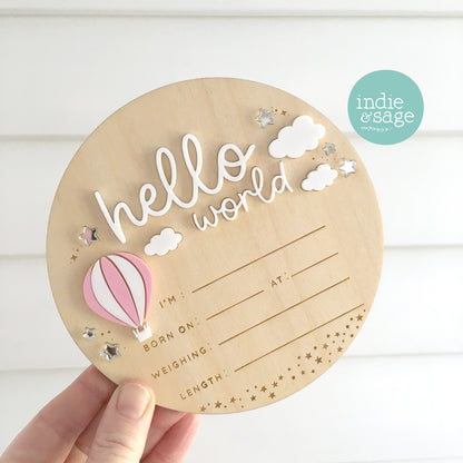 Hello World Birth Announcement Plaque – Pink Baby Girl Sign – Newborn Photo Prop – Hot Air Balloon
