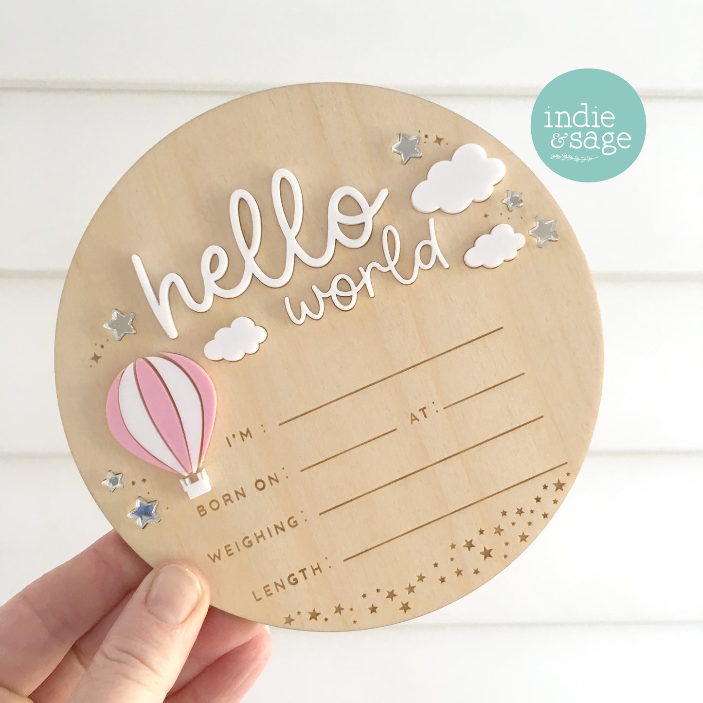 Hello world birth announcement plaque pink baby girl sign hot air balloon