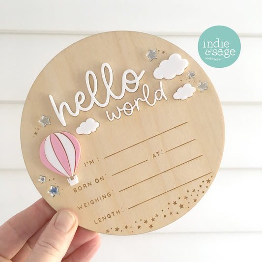 Hello world birth announcement plaque pink baby girl sign hot air balloon