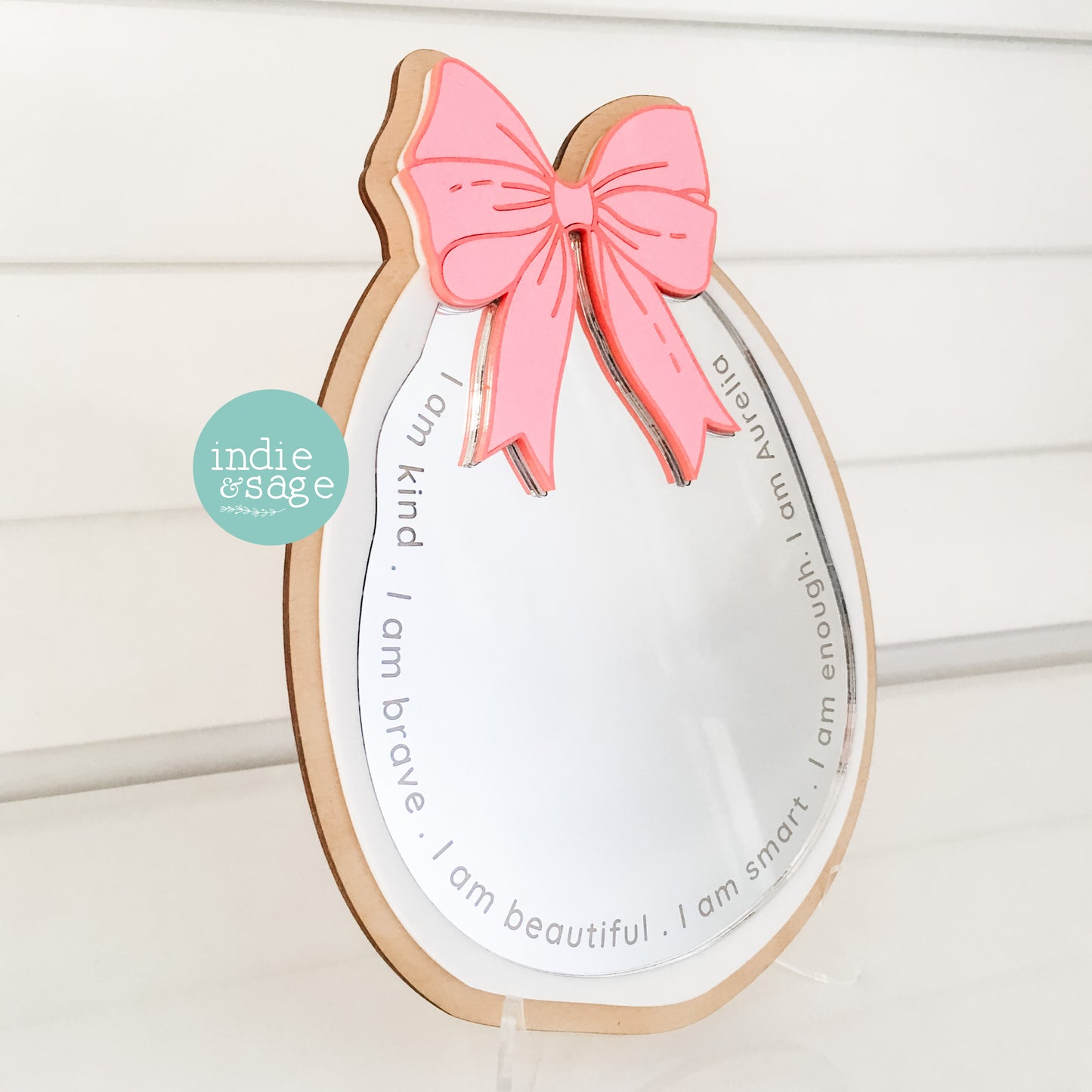 Daily Affirmation Mirror Pink Bow Style - Engraved with your childs name