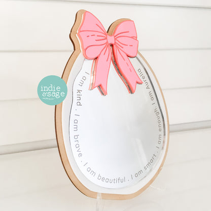 Daily Affirmation Mirror Pink Bow Style - Engraved with your childs name