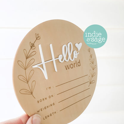 Hello World Personalised Newborn Announcement, Leaf Design
