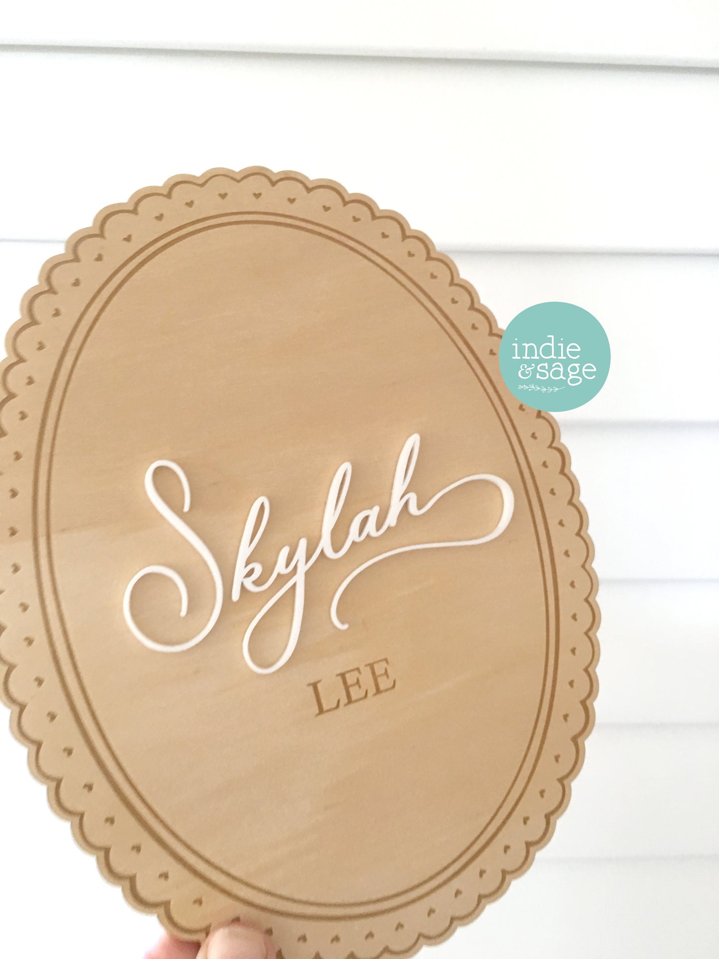 Baby Announcement Name Plaque - Wood & Acrylic Engraved Name Sign with Scalloped Edges