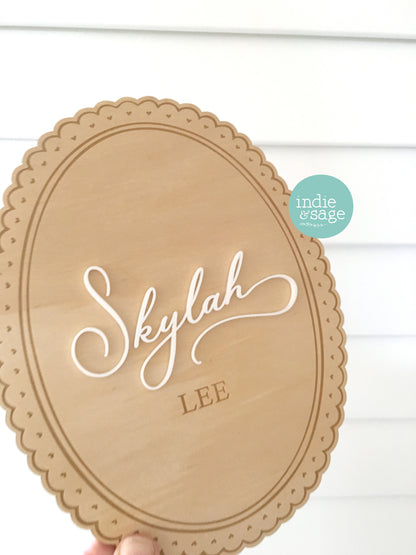 Baby Announcement Name Plaque - Wood & Acrylic Engraved Name Sign with Scalloped Edges