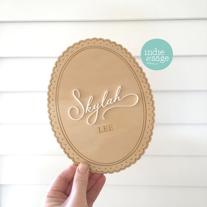 Baby Announcement Name Plaque - Wood & Acrylic Engraved Name Sign with Scalloped Edges