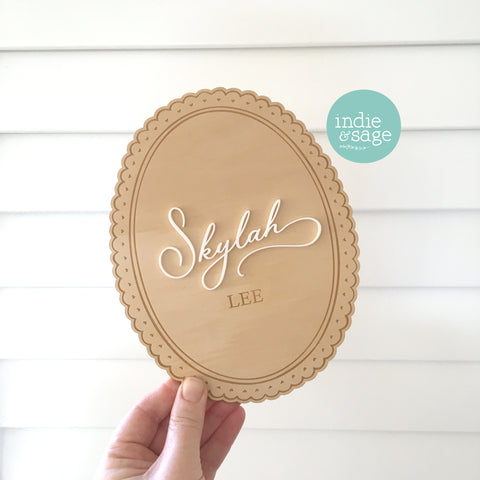 Baby Announcement Name Plaque - Wood & Acrylic Engraved Name Sign with Scalloped Edges