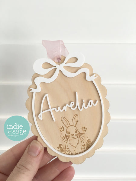Personalised Easter Basket Tag – Bunny Name Tag with Bow | Custom Easter Basket Name Plaque
