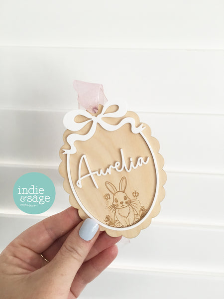 Personalised Easter Basket Tag – Bunny Name Tag with Bow | Custom Easter Basket Name Plaque