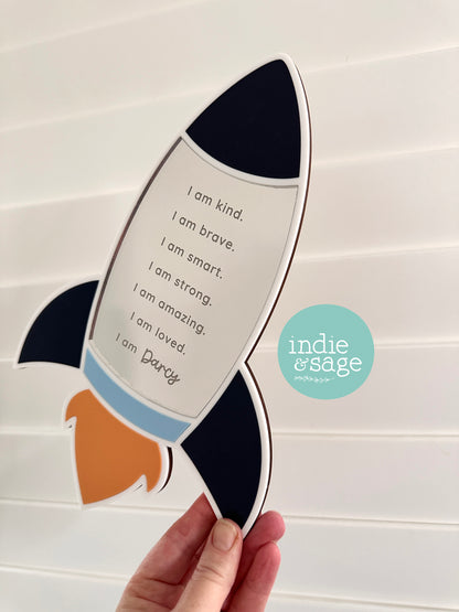 Personalised Affirmation Mirror for Boys – Space Themed Kids Room Decor, Positive Affirmations Mirror for Children, Bedroom Wall Sign
