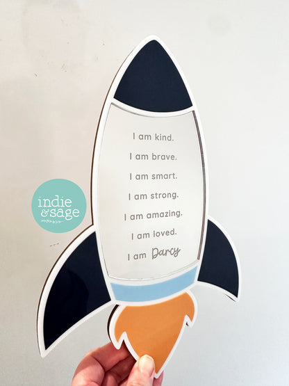 Personalised Affirmation Mirror for Boys – Space Themed Kids Room Decor, Positive Affirmations Mirror for Children, Bedroom Wall Sign