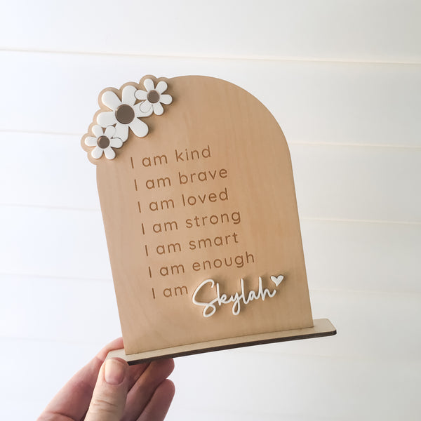 Stunning daily affirmation chart for little girls featuring the words, I am kind, I am brave, I am loved, I am strong, I am smart, I am enough, I am (personalised with their name). Beautiful personalised gift idea.