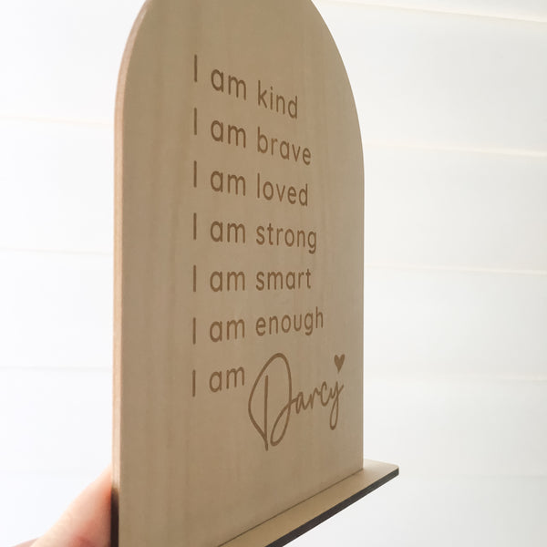 Stunning daily affirmation chart for little girls or boys featuring the words, I am kind, I am brave, I am loved, I am strong, I am smart, I am enough, I am (personalised with their name). Beautiful personalised gift idea.