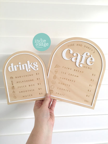 Personalised Kids Café Menu & Drinks Menu – Play Kitchen / Cubby House Pretend Play Sign
