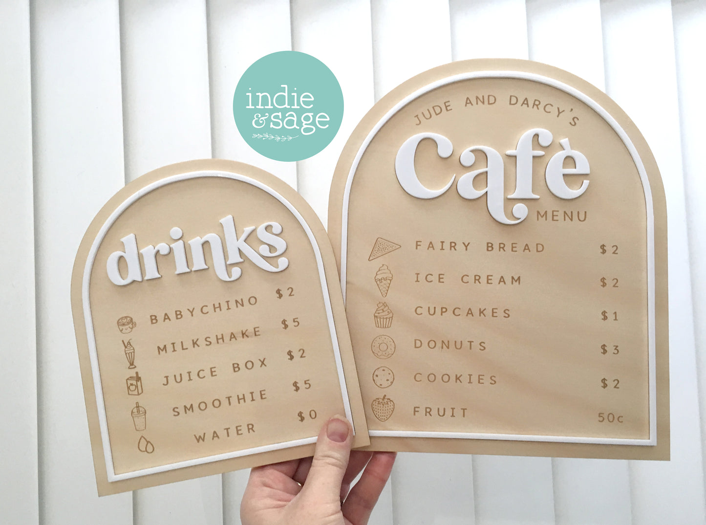 Personalised Kids Café Menu & Drinks Menu – Play Kitchen / Cubby House Pretend Play Sign