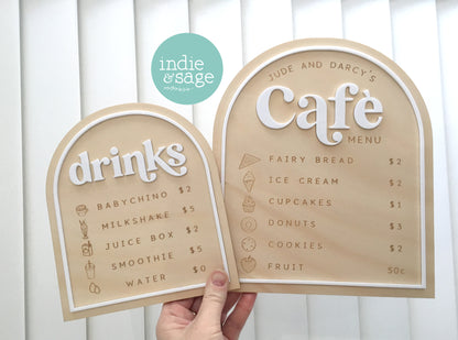Personalised Kids Café Menu & Drinks Menu – Play Kitchen / Cubby House Pretend Play Sign