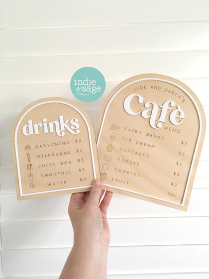 Personalised Kids Café Menu & Drinks Menu – Play Kitchen / Cubby House Pretend Play Sign