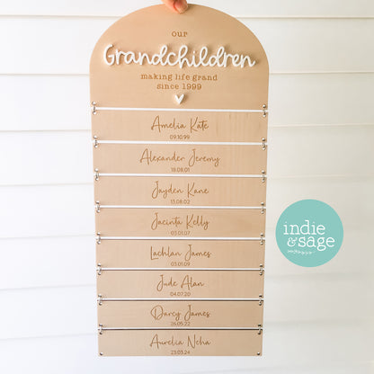 Personalised grandchildren family name sign with custom names, keepsake gift for Grandma