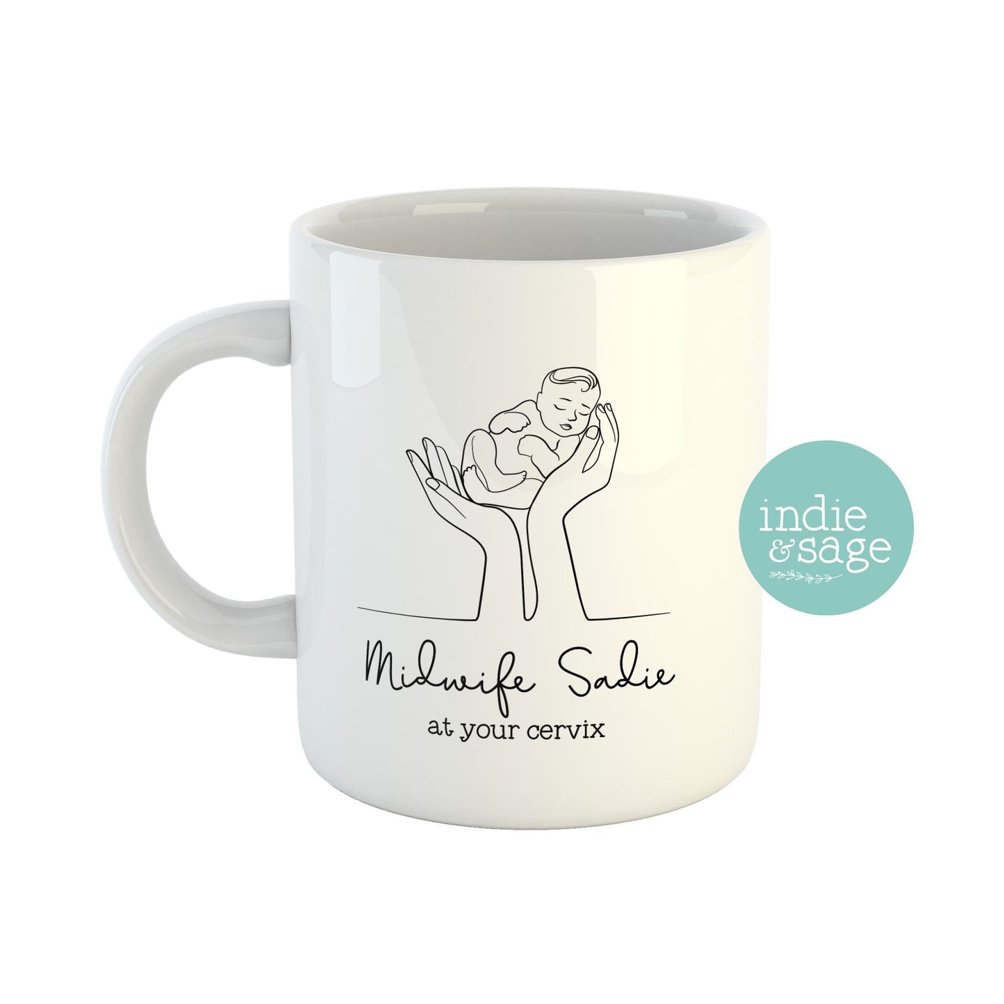 Personalised midwife mug baby in hands line drawing custom name