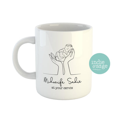 Personalised midwife mug baby in hands line drawing custom name