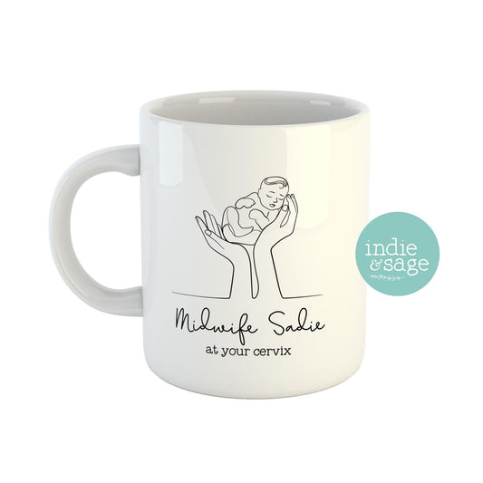 Personalised midwife mug baby in hands line drawing custom name