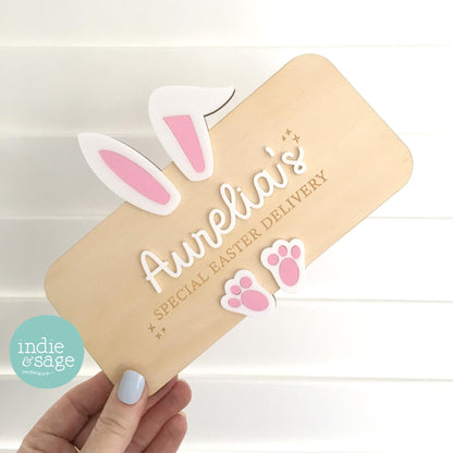 Personalised Easter crate sign with bunny ears and feet with personalised acrylic name detail, handmade from plywood in Adelaide Hills and designed to attach to a wooden Easter box.

#PersonalisedEaster
#EasterCrate
#EasterBoxSign
#EasterBasketAustralia
#EasterForKids
#CustomEaster
#EasterMorning
#EasterTraditions
#BunnyEars
#AustralianMade
#HandmadeInAustralia
#AdelaideHillsSmallBusiness
#Easter2026