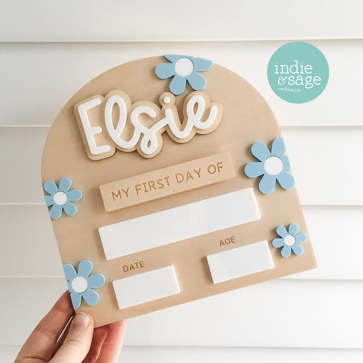Personalised first and last day school sign with blue daisy flowers and layered acrylic name detail