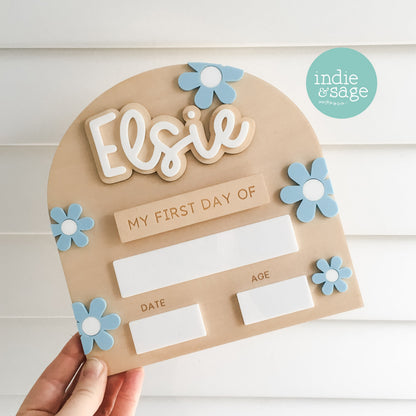 Personalised first and last day school sign with blue daisy flowers and layered acrylic name detail