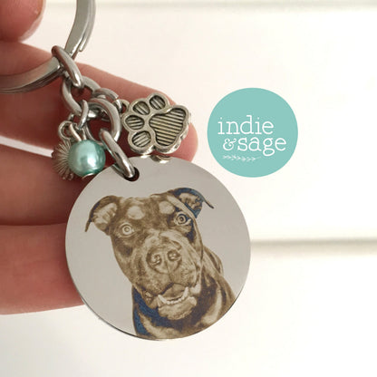 Custom engraved pet memorial keyring featuring your pet’s photograph, name and the words “No longer by my side but forever in my heart”.
