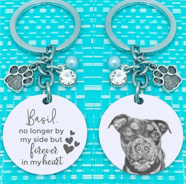 Custom engraved pet memorial keyring featuring your pet’s photograph, name and the words “No longer by my side but forever in my heart”.