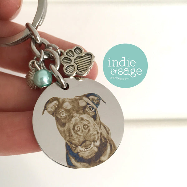 Custom engraved pet memorial keyring featuring your pet’s photograph, name and the words “No longer by my side but forever in my heart”.